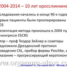 Каспарова Е.А., Каспарова Евг.А. Кросслинкинг: итоги 2004-2014, перспективы и собственный опыт. Доклад на XV Всероссийской научно-практической конференции с международным участием «Современные технологии катарактальной и рефракционной хирургии», 30 октября - 01 ноября 2014 г., г. Москва, Россия. Офтальмологический портал Орган зрения www.organum-visus.com
