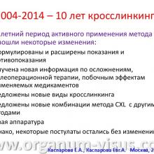 Каспарова Е.А., Каспарова Евг.А. Кросслинкинг: итоги 2004-2014, перспективы и собственный опыт. Доклад на XV Всероссийской научно-практической конференции с международным участием «Современные технологии катарактальной и рефракционной хирургии», 30 октября - 01 ноября 2014 г., г. Москва, Россия. Офтальмологический портал Орган зрения www.organum-visus.com